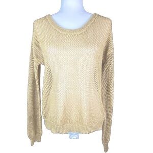 Papaya Open Weave Sweater Top Gold Metallic Button Back Beach Cover-up Sz L